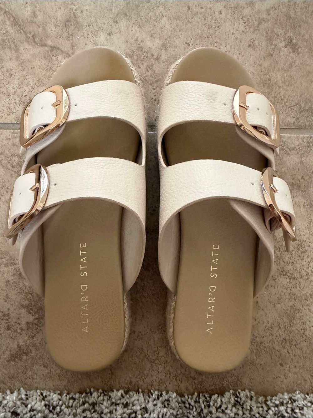 Altar'd State Cream Double Buckle Slide Sandals with Gold Hardware